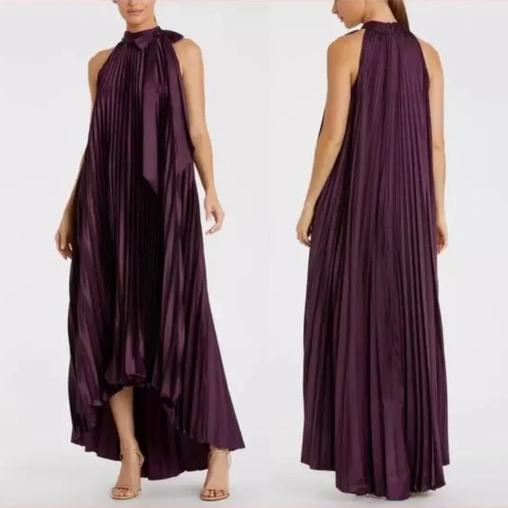 MAC DUGGAL Dress Size 4 Evening Gown Purple Pleated Satin Tie Neck High Low
